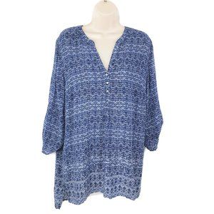 Boho Tunic Top L Hi Lo Hem Tabbed Half Sleeves Fleur Bleue Henley Collar Blue